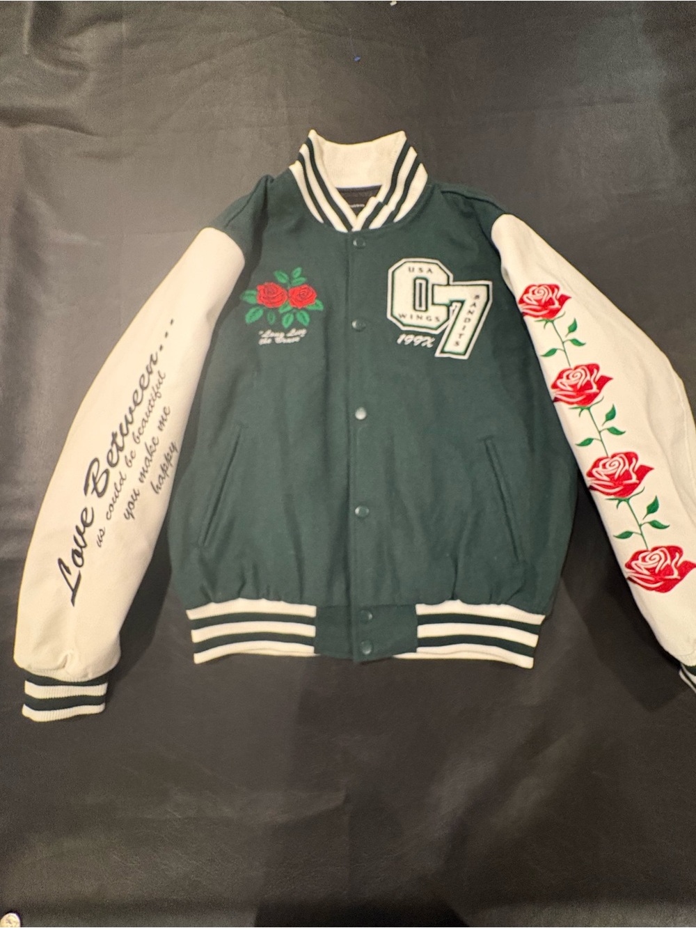 Pacsun Green and Cream Varsity Rose Jacket with Embroidered Accents